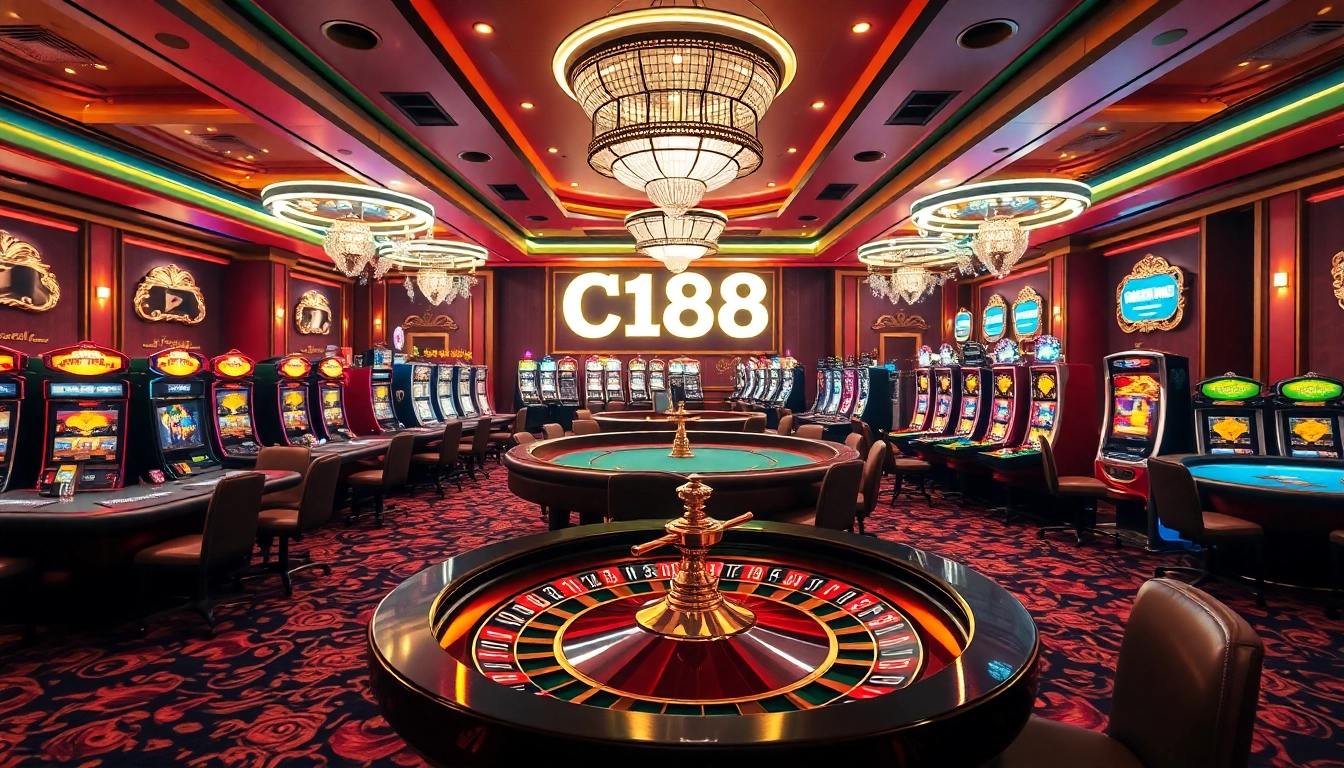 Experience high-stakes gaming at C168's luxurious casino, featuring vibrant tables and exciting atmosphere.