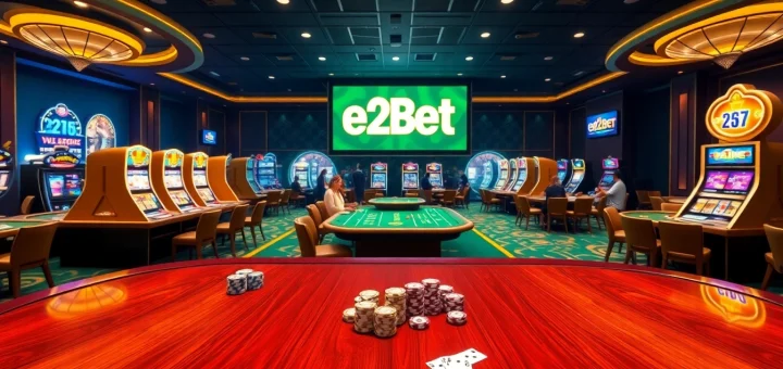 Experience the excitement of e2bet with an immersive online casino scene showcasing elegant tables and vibrant slot machines.
