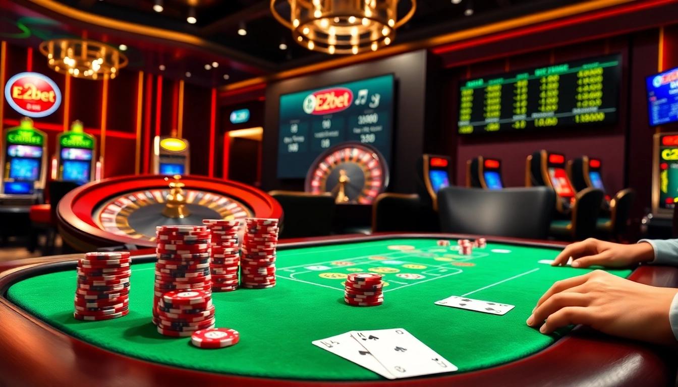 E2bet players enjoying poker with vibrant chips and cards, showcasing high-stakes casino excitement.