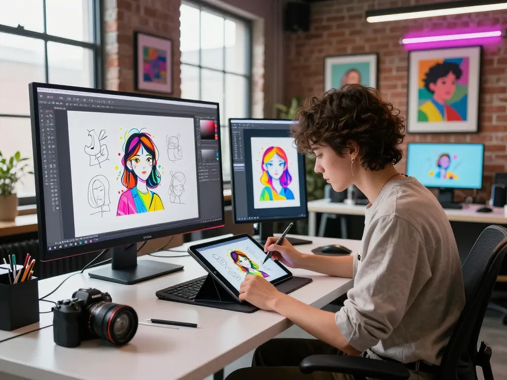 Artist creating stunning ai nsfw artwork in a vibrant studio.