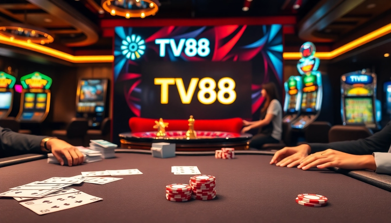 Exciting casino action at TV88 with players around a poker table and roulette wheel.