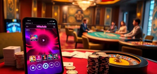 Hitclub online casino experience featuring vibrant gaming interface on mobile, live dealer poker setup.