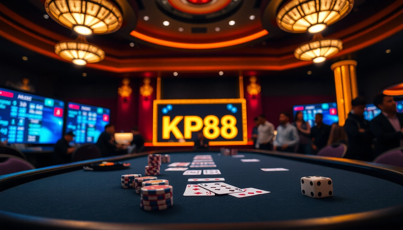 Engaging scene at KP88 poker table with chips, cards, and players enjoying the thrill of gambling.