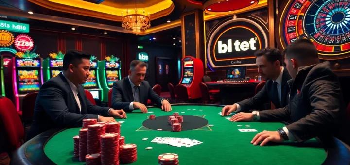 Experience thrilling gameplay at a luxurious casino featuring hz88 poker tables and vibrant slot machines.