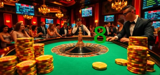 Players engaging in casino excitement at Luck8 with roulette and poker chips.