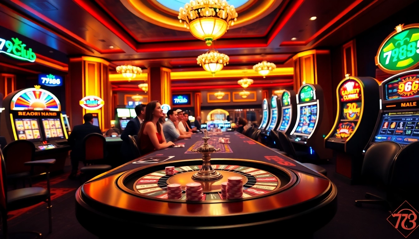 Engage in thrilling games at 789club casino with vibrant tables and glowing slot machines.