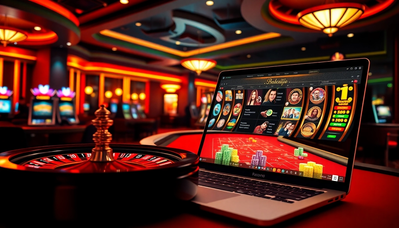 A lively online gambling scene at https://lodetructuyen.co/ featuring a roulette wheel and poker chips.