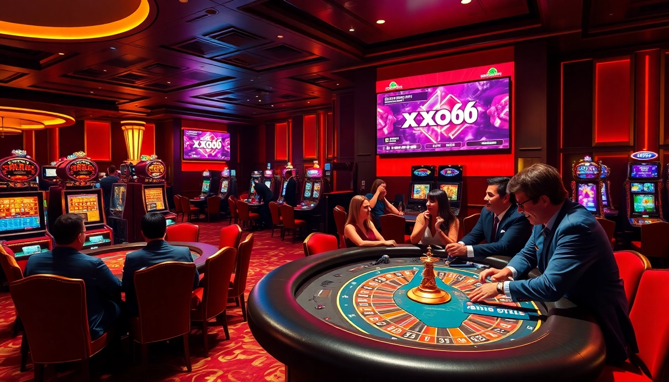 Experience the excitement at xoso66 with players cheering over casino games in a luxurious setting.