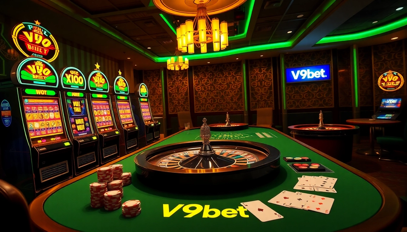 Experience high-stakes gaming at V9bet with vibrant slot machines and a luxurious casino table.