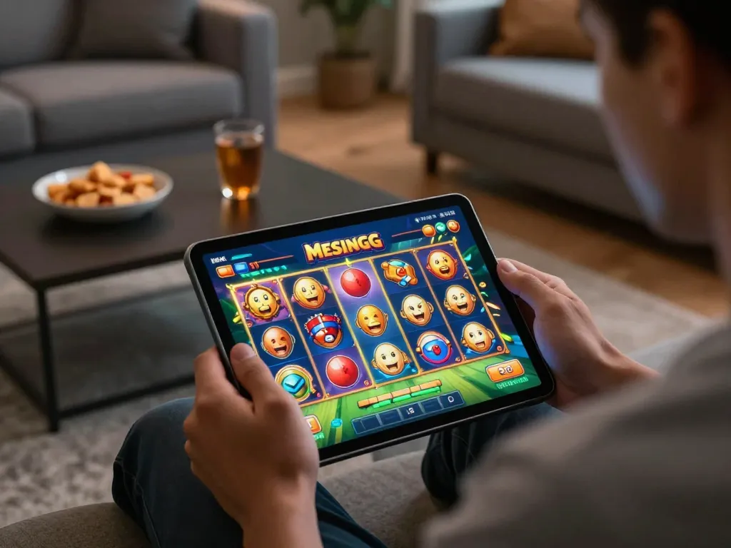 Engaged player enjoying Mesingg online slot game on a tablet in a cozy living room