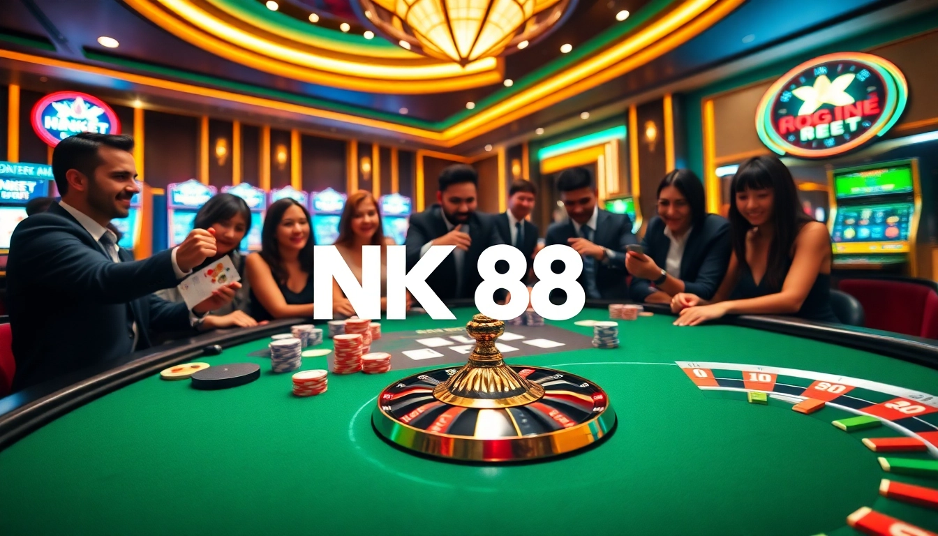 An exhilarating scene of players engaging at the NK88 BET gaming table with vibrant poker chips and a spinning roulette wheel.