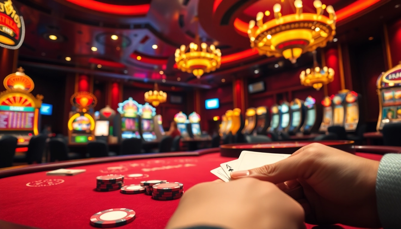 NOHU52 players engaging at a vibrant casino table, showcasing excitement and glamour in gaming.