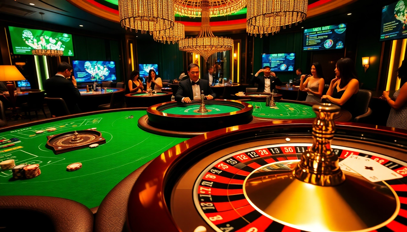 Gamblers enjoying the vibrant atmosphere at GG88 casino with thrilling games and elegant decor.