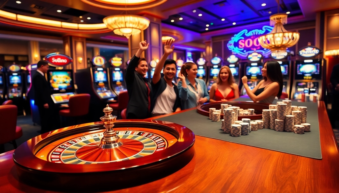 SODO casino scene showcasing players celebrating a win at the roulette table, emphasizing excitement.