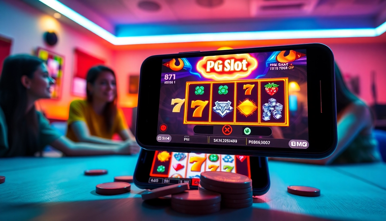 Experience the excitement of PG Slot demo gameplay on a mobile device surrounded by gaming tokens.