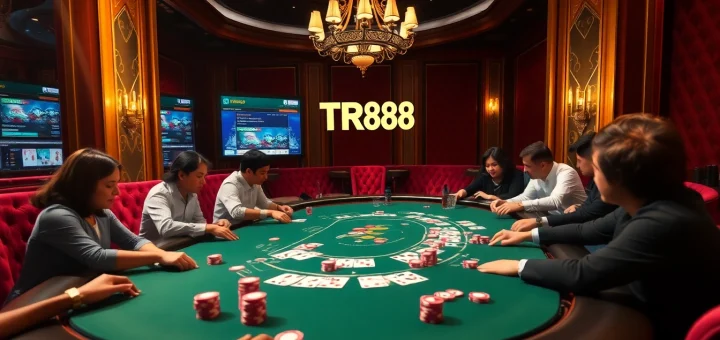 Players enjoying a high-stakes game at TR88 poker table with vibrant chips and cards.
