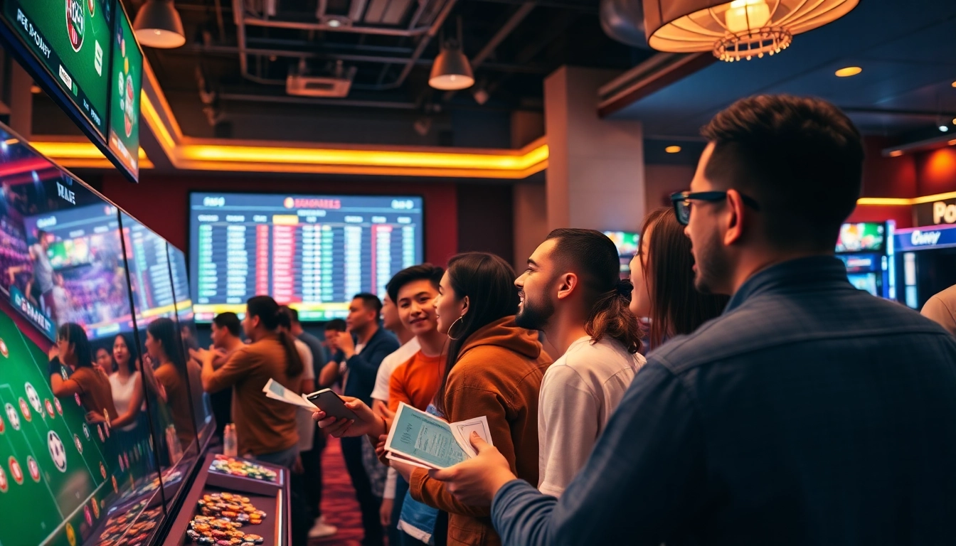 Excited gamblers engaging in Judi Bola sports betting amidst a vibrant casino setting with dynamic screens.
