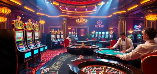 PEN 4D inspired gaming experience showcasing colorful slot machines and poker tables in an elegant casino atmosphere.