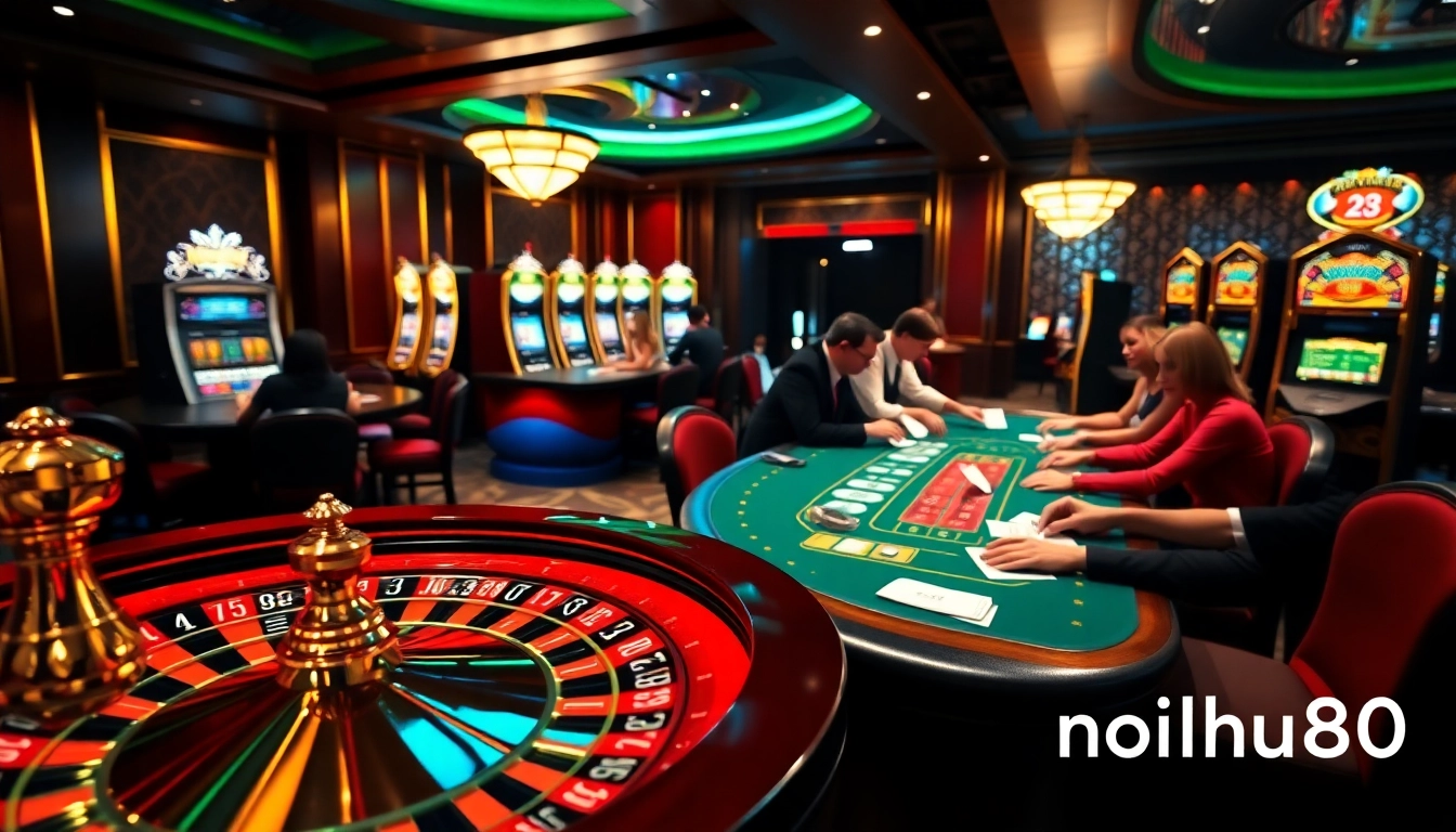 Experience thrilling gameplay at nohu90 with a vibrant casino scene featuring roulette and poker tables.