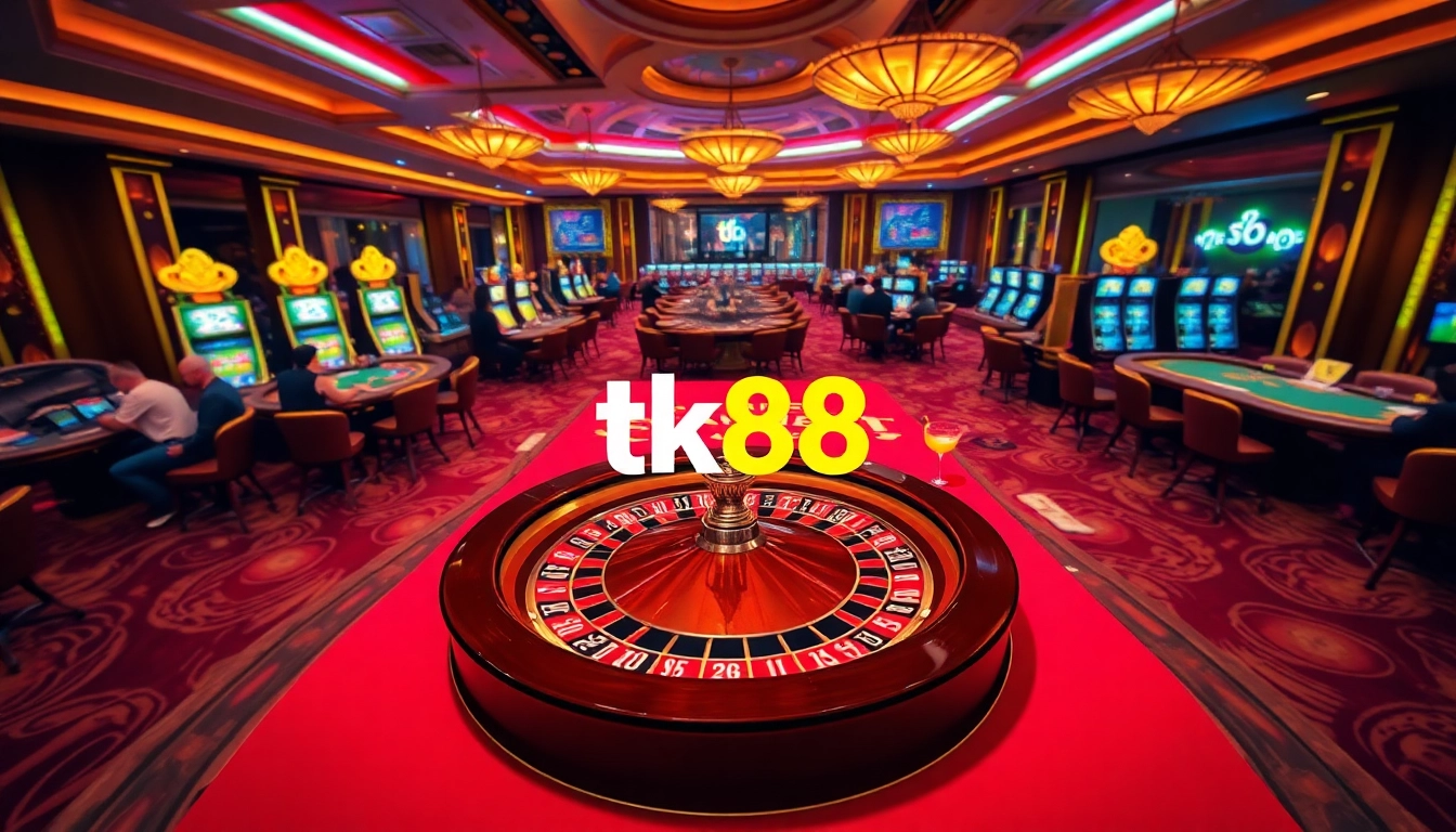 Engaging players at luxury tk88 casino tables, showcasing poker, roulette, and vibrant slot machines.