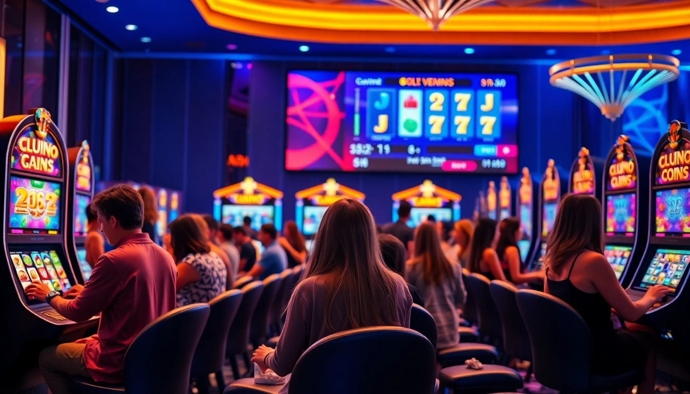 Engaging Slot Online players interacting with vibrant slot machines in an elegant casino atmosphere.
