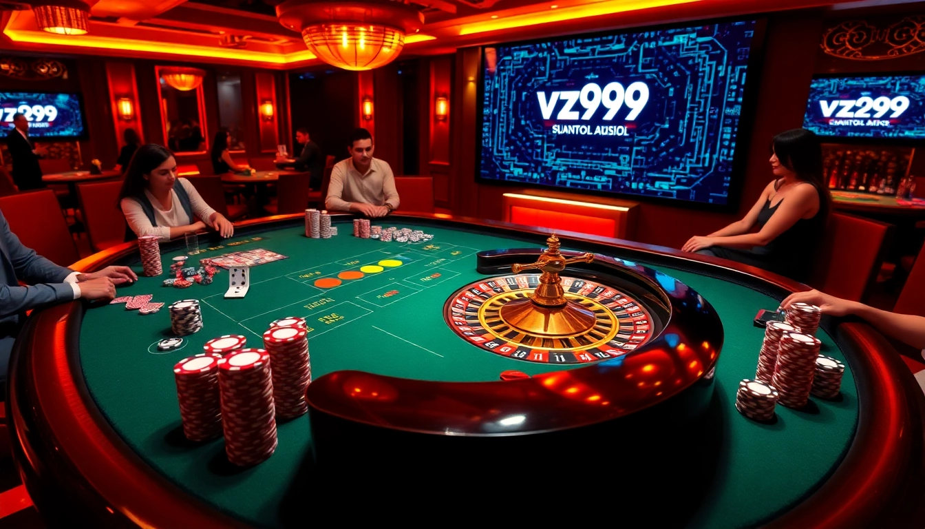 Experience the thrilling ambiance of VZ99 Casino with poker chips and roulette excitement.