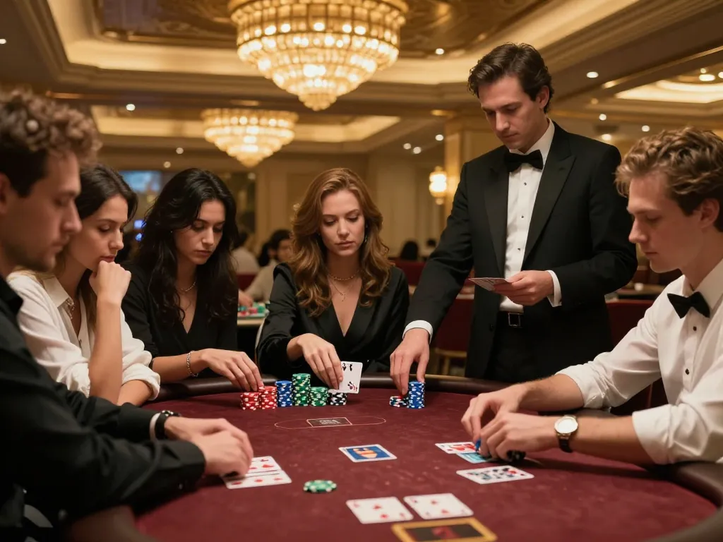 Players strategizing at the TG88 poker table in a luxury casino.