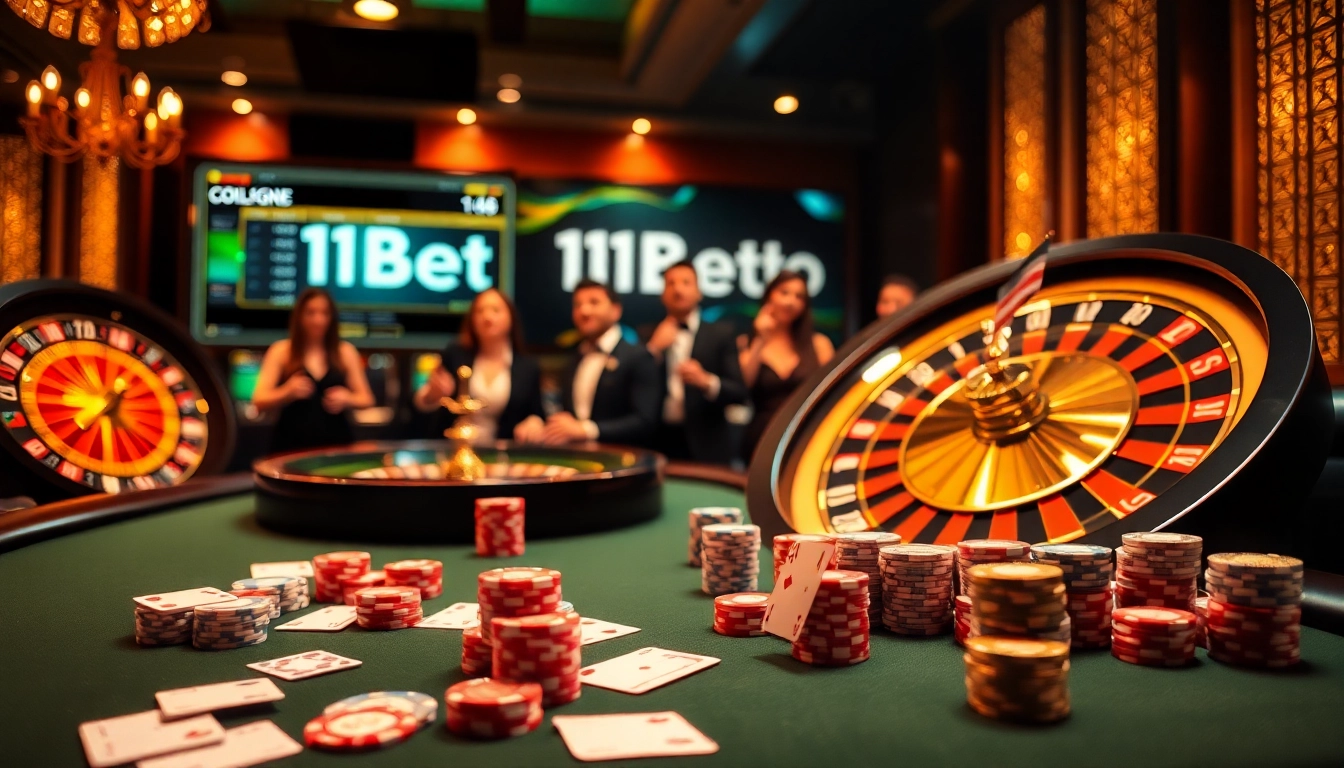 Experience thrilling games at 11bet.college with a vibrant casino atmosphere featuring poker chips and roulette.