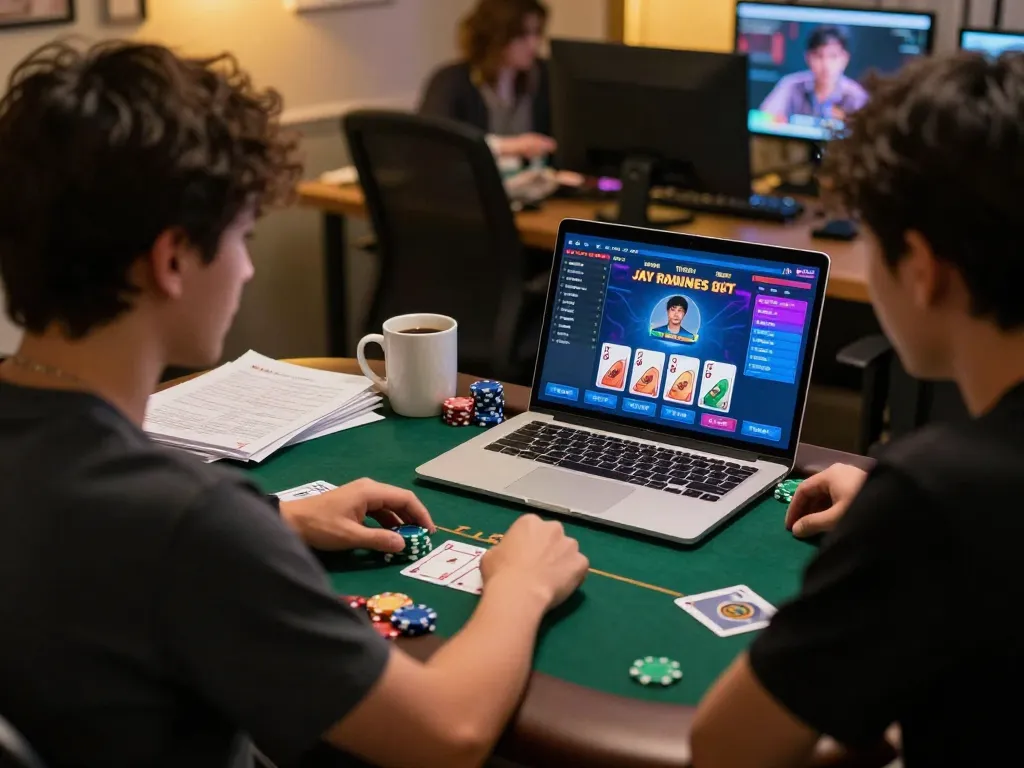 Jay Trần strategizing poker moves during an online gaming session at home.