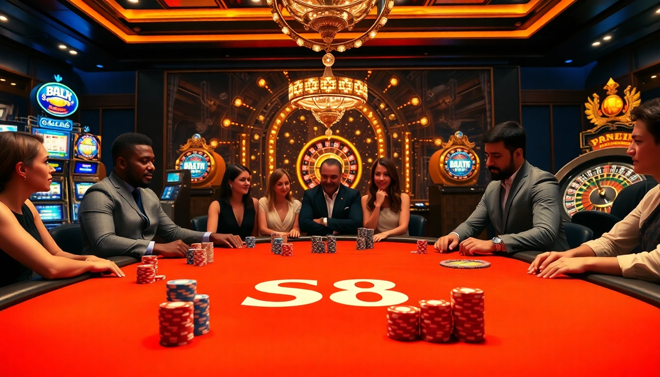 Players enjoying poker at an S8 branded table in a luxurious casino setting.