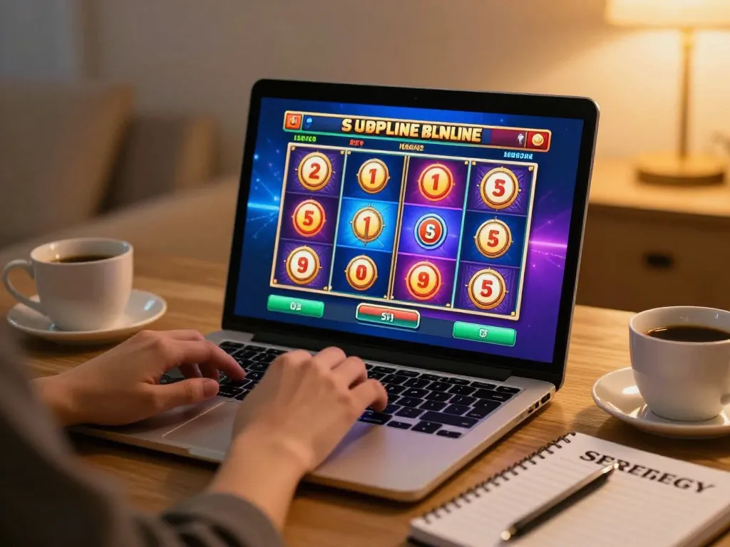 Engaging user with a slot online game interface displayed on a laptop in a cozy home setting.