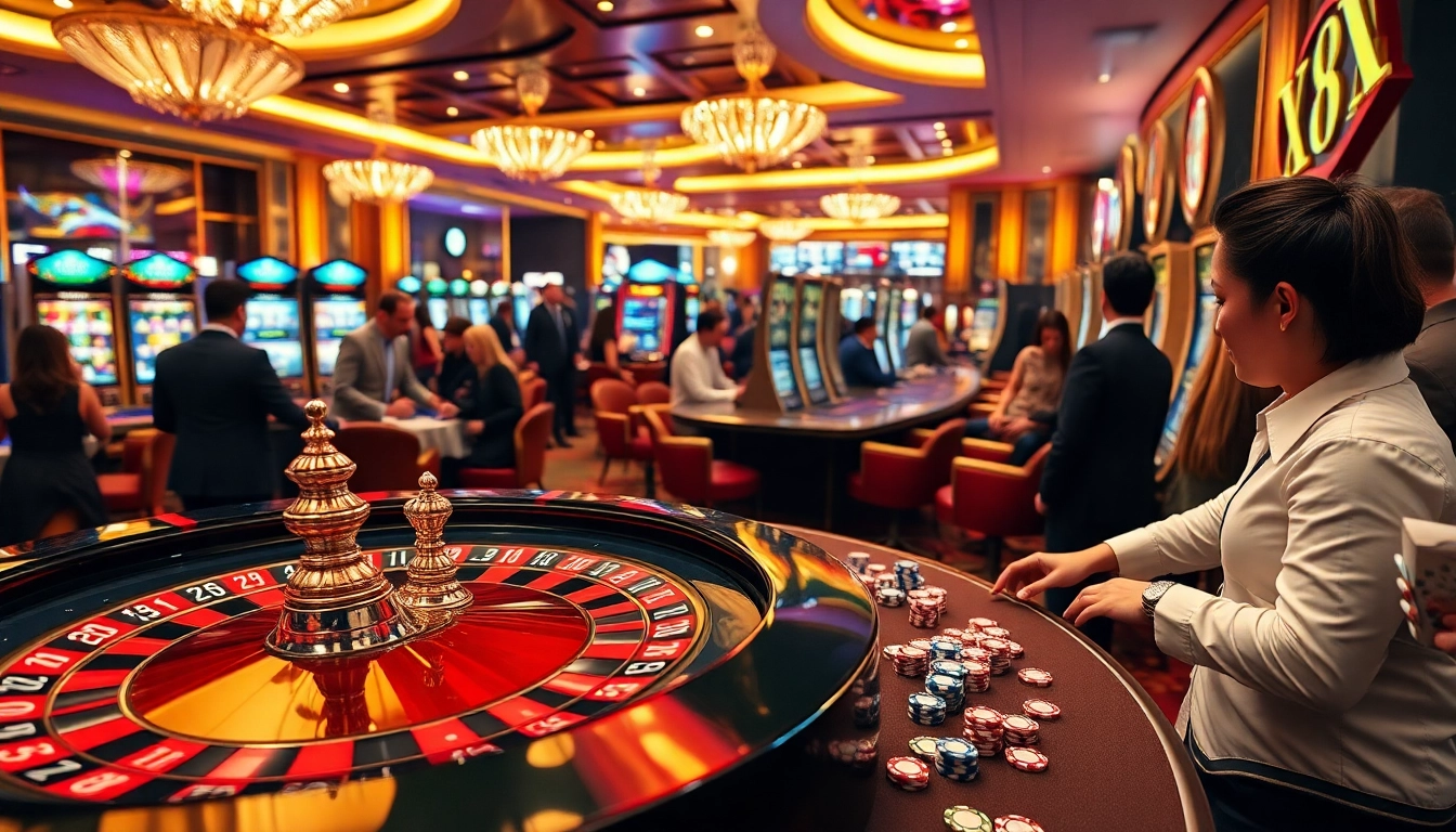 Experience authentic gaming at XX88 with dynamic poker chips and a roulette wheel surrounded by enthusiastic players.