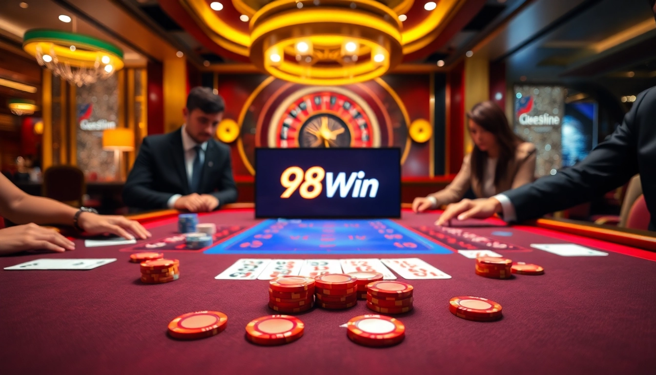 Players engaging at a poker table with 98Win branding in a vibrant casino setting.
