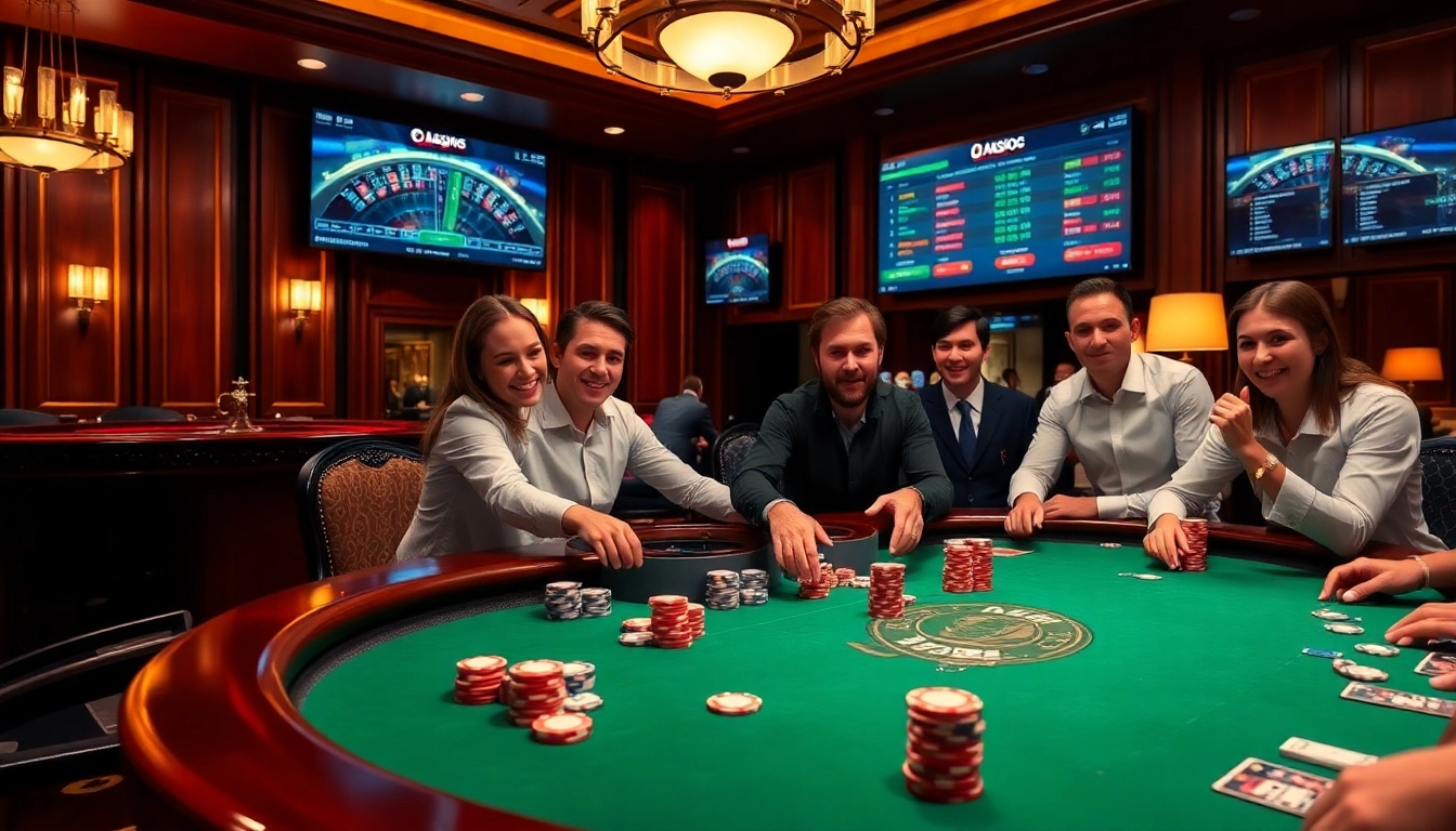 Players enjoying high-stakes poker at 13win.com, featuring a vibrant casino table with chips and cards.