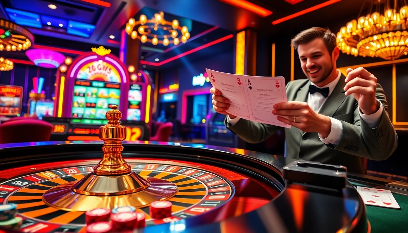 A captivating scene illustrating the thrill of gambling at 33win with vibrant casino tables and excited players.