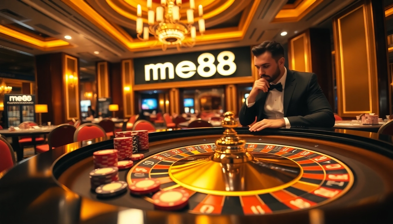 Experience thrilling gameplay at me88 with a stylish casino setting, vibrant poker chips, and a roulette table.