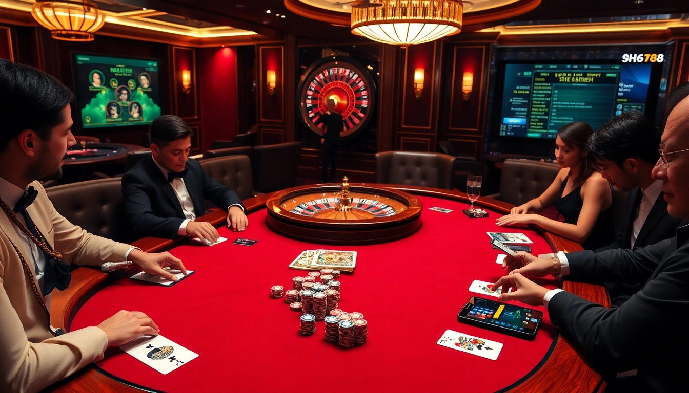 Intense poker game at dh88 casino, featuring elegant players and vibrant chips.