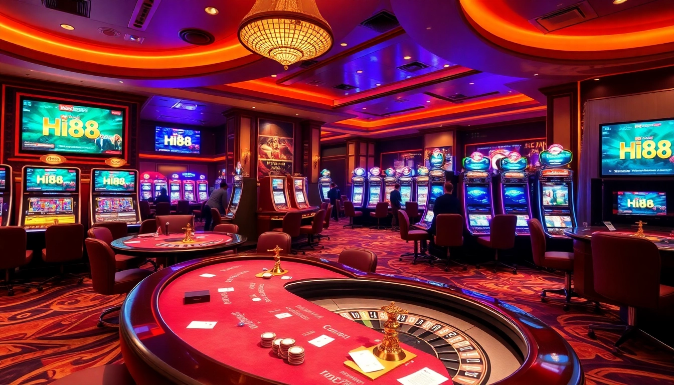Hi88 online casino players enjoy vibrant gaming, with poker tables and slot machines.