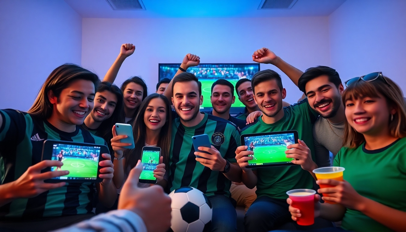 Fans enjoying live football streaming on LuongSonTV, celebrating exciting moments together, showcasing a vibrant community atmosphere.