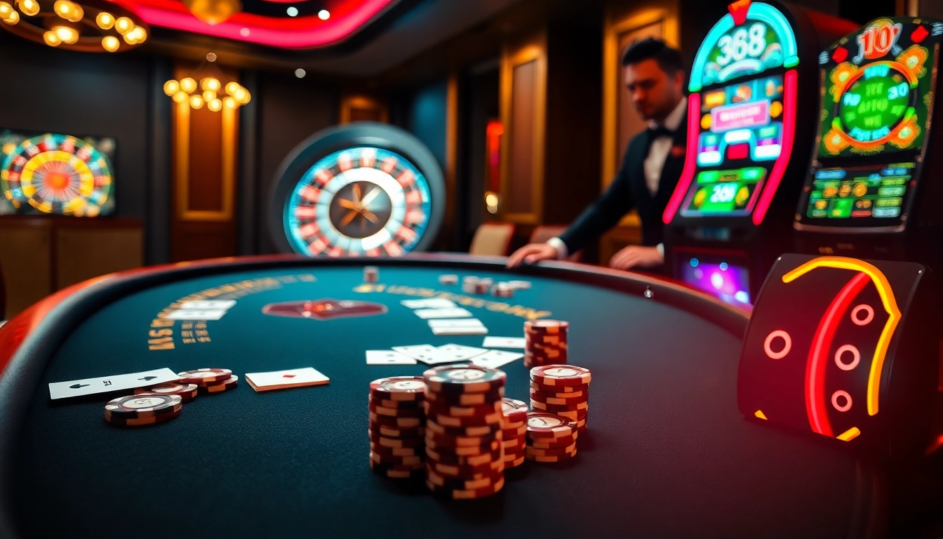 Intense gambling action at J88's luxurious poker table with vibrant chips and cards.