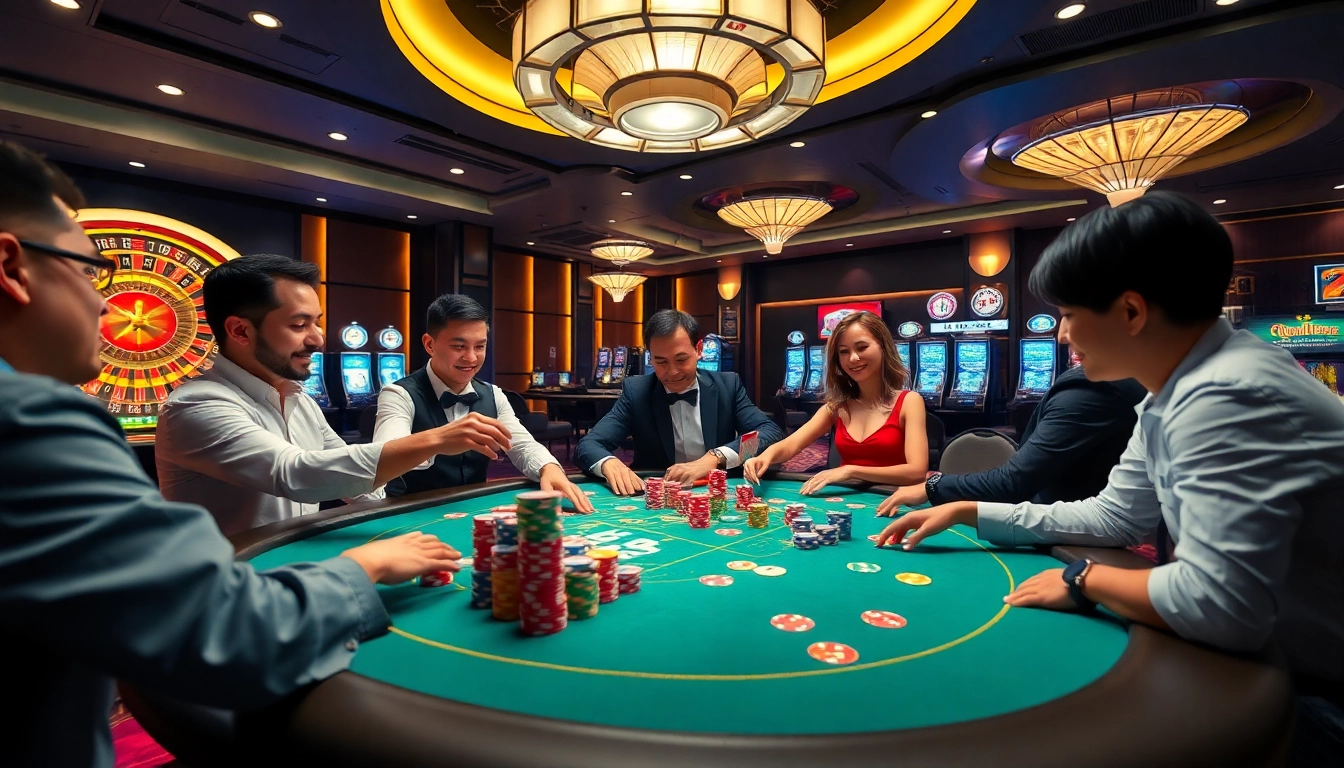 xx88 poker game scene with vibrant dealers, chips, and roulette wheel in a luxurious casino
