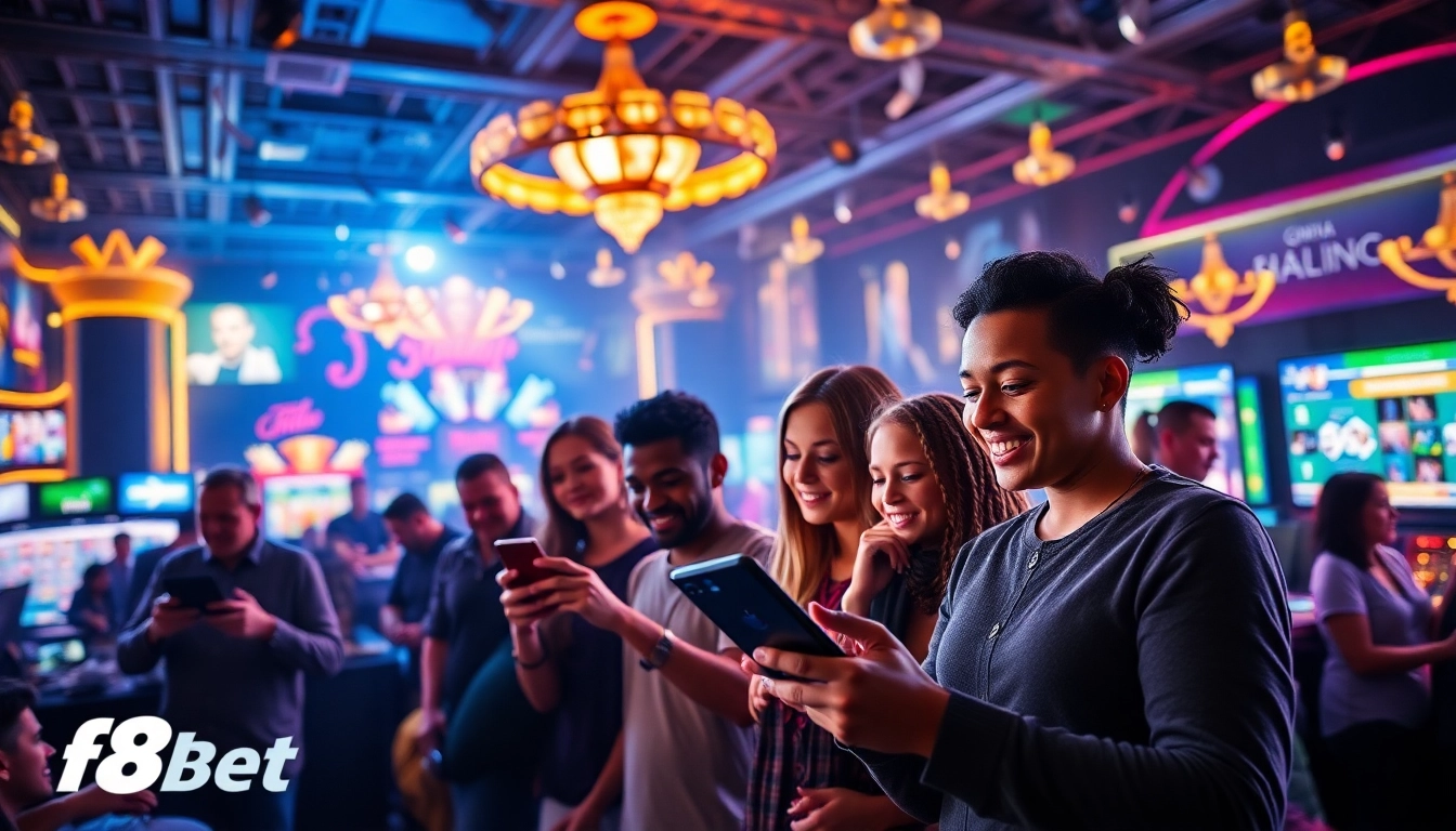Experience seamless gaming and betting at f8bet.com, featuring diverse players and digital casino elements.