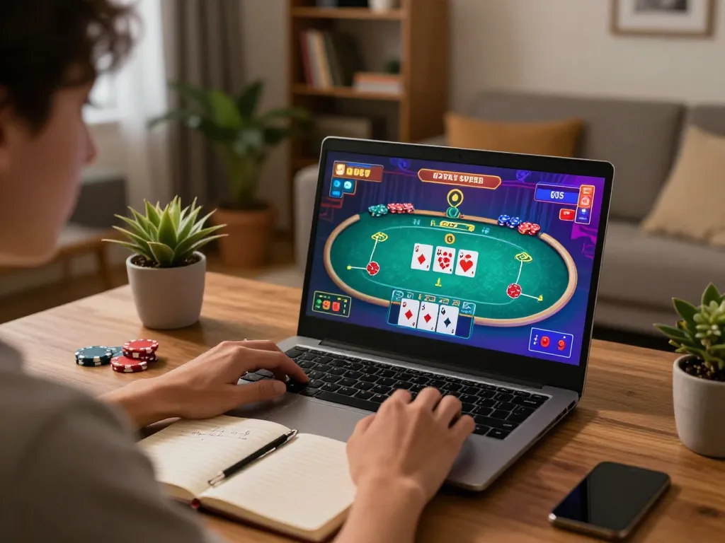 Engaging in an online Rikvip poker game while strategizing with notes at home.