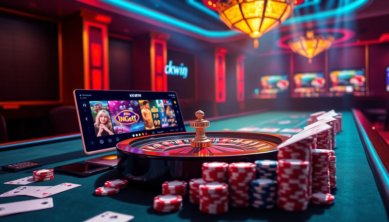 Experience KKwin's vibrant casino atmosphere with poker chips and roulette wheels.