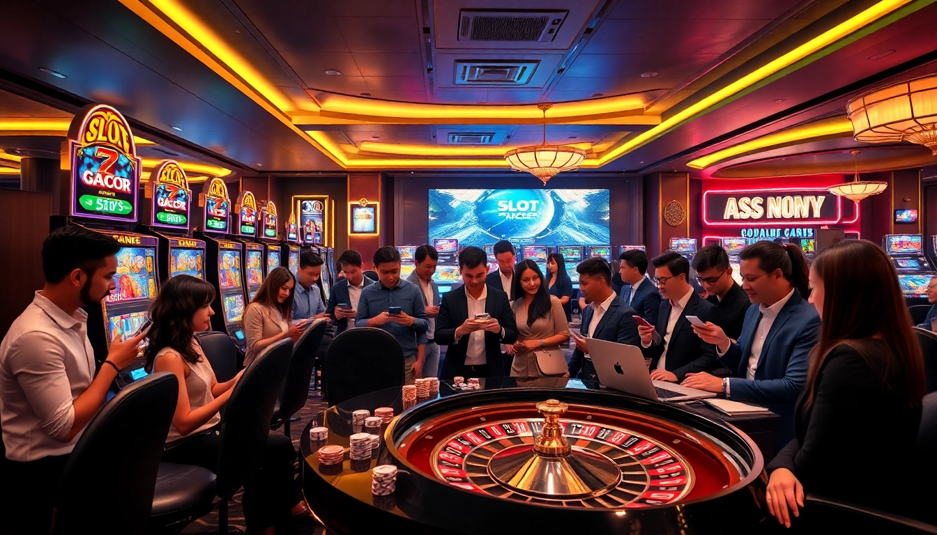 Exciting Slot Gacor gameplay at a luxury online casino, showcasing vibrant slot machines and dynamic player engagement.