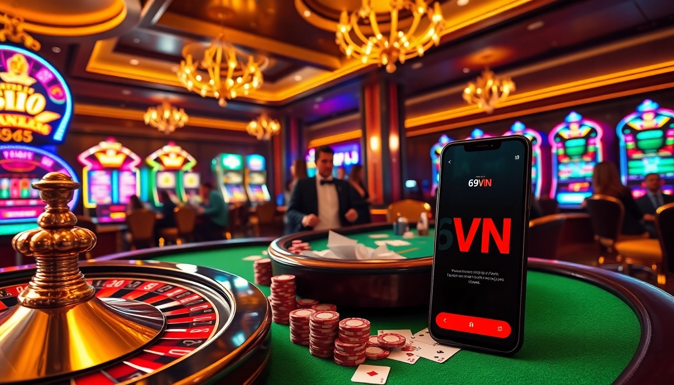 Engage with thrilling betting at 69vnn.ninja’s online casino featuring luxurious tables and vibrant gaming elements.