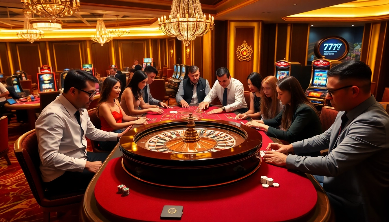 Engaged players at a luxurious casino with 777vip branding, enjoying roulette and poker.