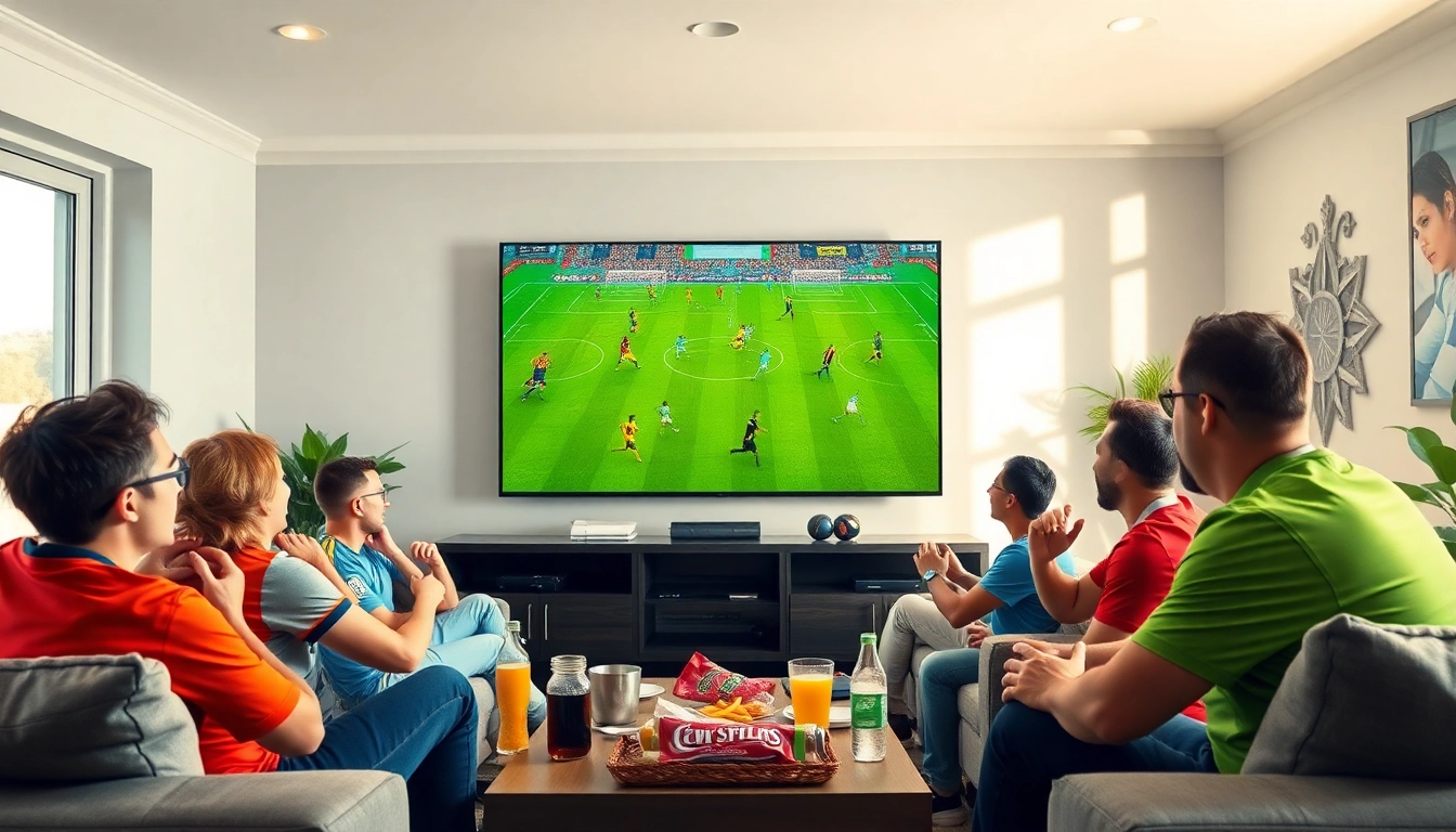 Socolive football streaming experience in a vibrant living room with excited viewers.