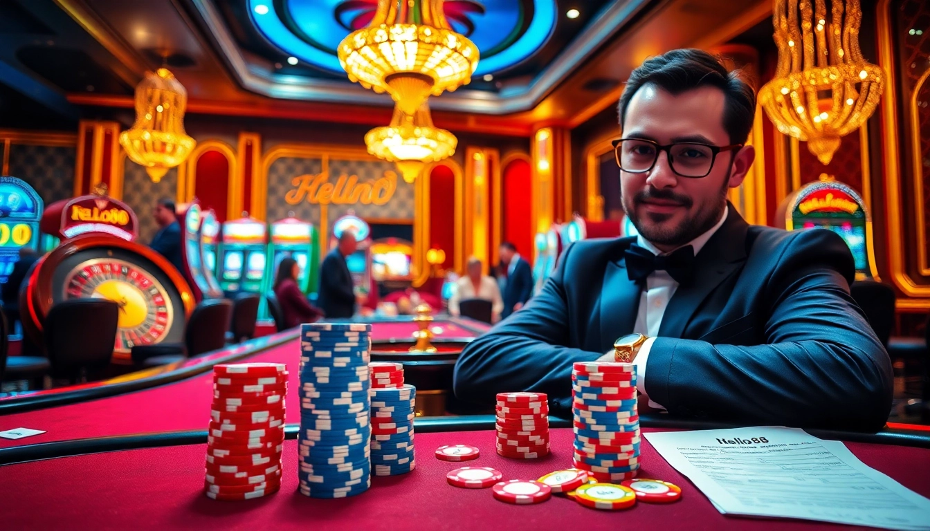 Experience the thrill of gambling at Hello88 with luxurious casino elements and vibrant poker tables.
