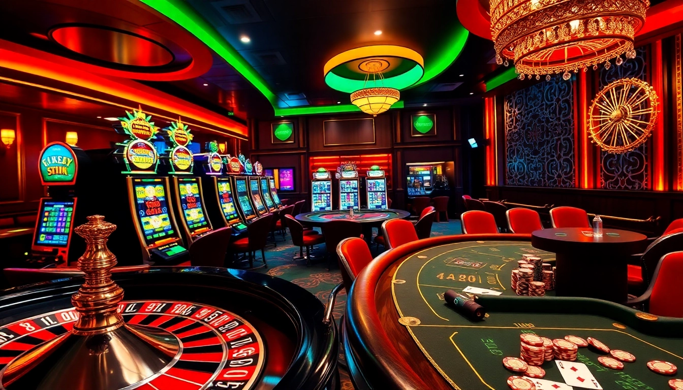 The thrilling atmosphere of 888new online casino with vibrant slot machines, roulette, and poker tables.